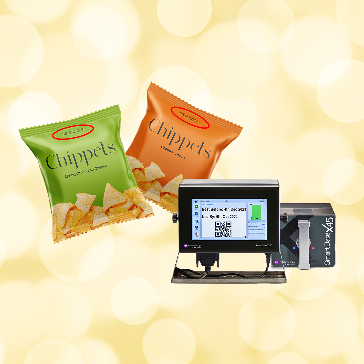 Packet of Chips coding with a best before date with a thermal transfer printer