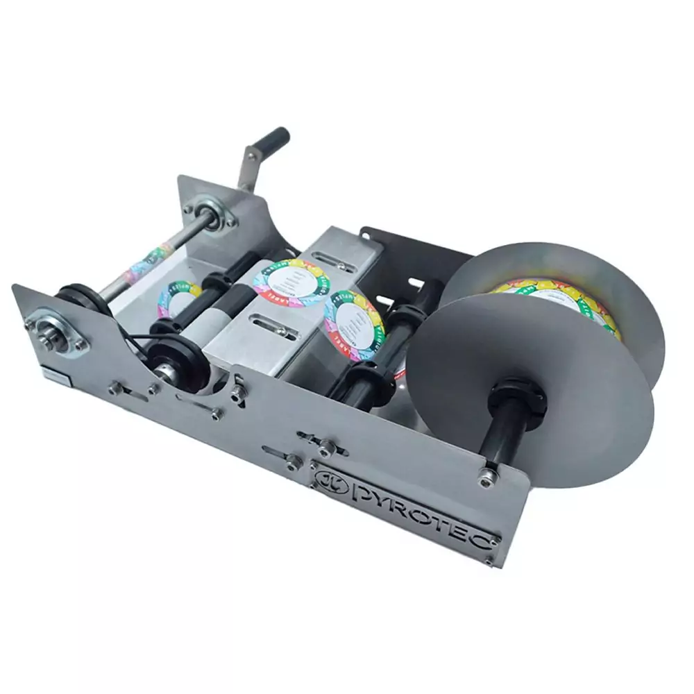 Manual hand labeller being used to apply labels to metal products in Cape Town, South Africa.