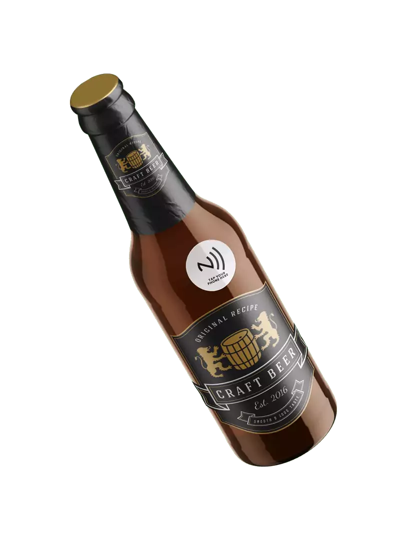 Pyrotec PackMedia beer bottle with an NFC-enabled custom label.
