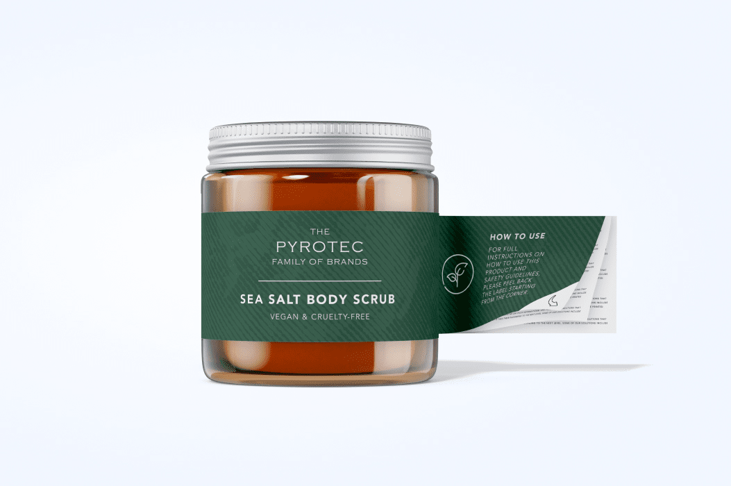 Pyrotec PackMedia custom premium labels displayed on a landing page header banner in South Africa.