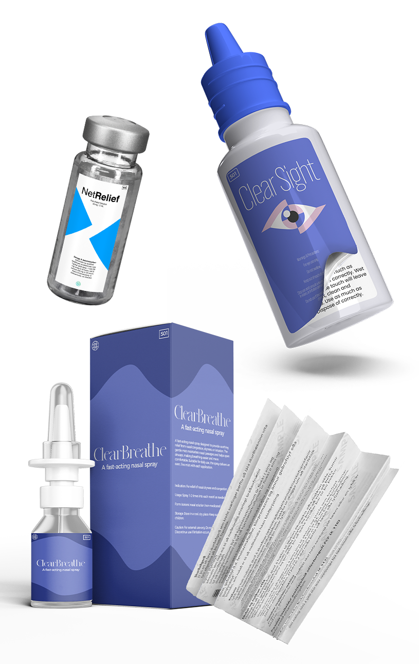 Various eye care products displayed together with Pyrotec PackMedia Leaflet Labels
